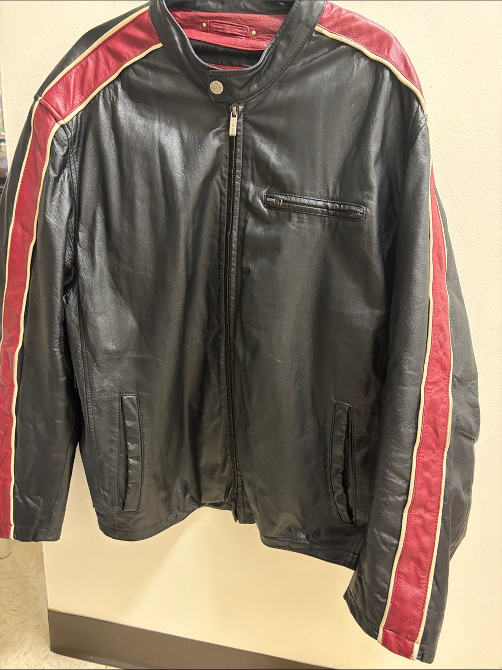 Wilsons Leather Racing Aesthetic Black Bomber Bikers Jacket with Red Stripes.
